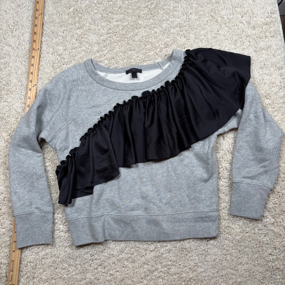 J Crew Gray Ruffle Sweatshirt Women Size S Asymmetrical Black Accent